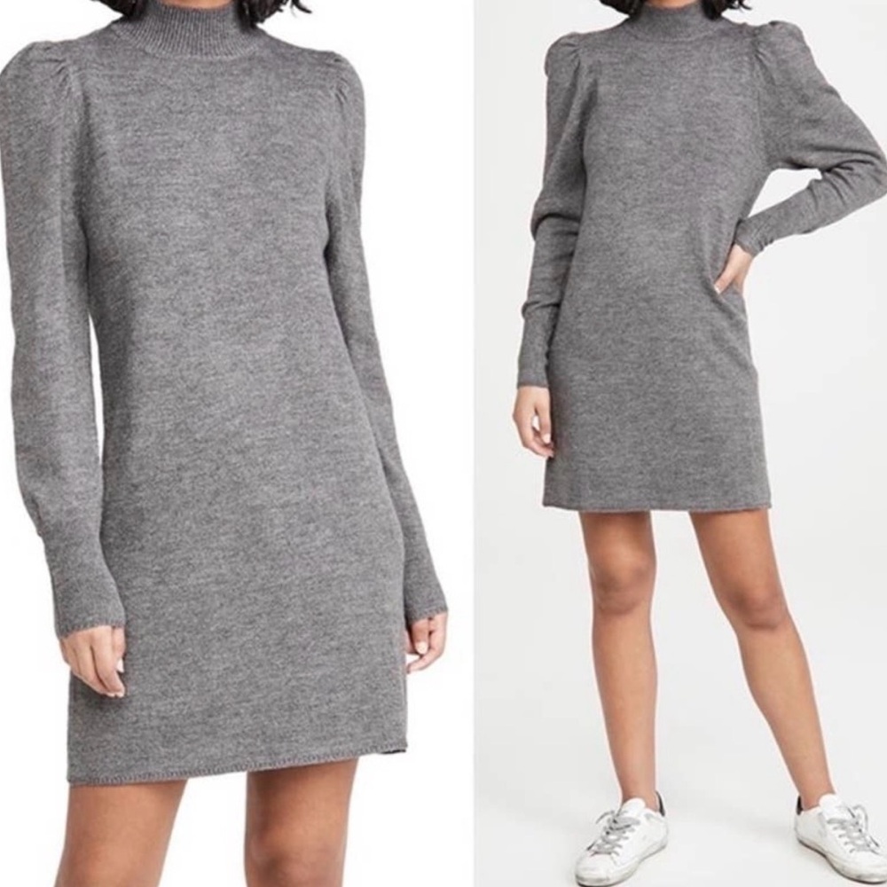 🌻 Wayf Dress-Lola Mini Sweater Dress Grey Mock Neck Long Puff Sleeve XL